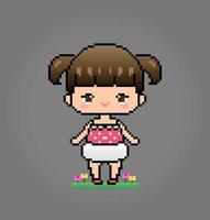 Caractère bébé pixel 8 bits. fille de dessin animé anime en illustration vectorielle pour les actifs de jeu ou les motifs de point de croix. vecteur