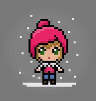 8 bits de personnage féminin pixel. anime cartoon girl porte un chapeau dans des illustrations vectorielles pour les actifs de jeu ou les motifs de point de croix. vecteur