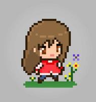 Une fille pixel 8 bits a vu des fleurs, des pixels princesse pour les actifs du jeu et des motifs de point de croix dans les illustrations vectorielles. vecteur