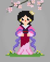 Les femmes en pixels 8 bits portent des robes hanfu. filles chinoises dans des illustrations vectorielles pour les actifs de jeu ou les motifs de point de croix.