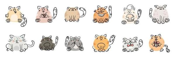 ensemble de chats de dessin animé. personnages animaux drôles dessinés à la main isolés sur fond blanc. animaux mignons avec différentes émotions. illustration vectorielle plane. vecteur