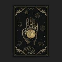 grande main tenant la planète avec gravure, dessinée à la main, luxe, céleste, ésotérique, style bohème, digne d'un spiritualiste, religieux, paranormal, lecteur de tarot, astrologue ou tatoueur
