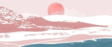 peinture moderne minimaliste créative et impression d'art en ligne. vagues océaniques abstraites et paysages d'arrière-plans esthétiques contemporains de montagne. avec la mer, l'horizon, la vague. illustrations vectorielles