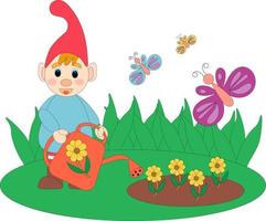 mignon nain de jardin. gnome de fée avec un arrosoir de jardin, des fleurs, des papillons. illustration de dessin animé plat de vecteur sur un fond blanc.