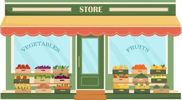 façade de magasin de fruits et légumes. produits alimentaires biologiques frais. fruits et légumes en caissettes. produits de la ferme. concombre, tomate, pomme de terre, carotte, maïs, banane, pomme, poire, melon. illustration vectorielle. vecteur