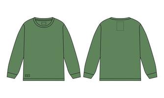 t-shirt à manches longues mode technique croquis plat illustration vectorielle modèle de couleur verte modèle vues avant et arrière isolés sur fond blanc. vecteur