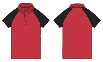 deux tons noir et rouge couleur raglan polo à manches courtes mode technique croquis plat modèle d'illustration vectorielle vues avant et arrière isolés sur fond blanc. vecteur