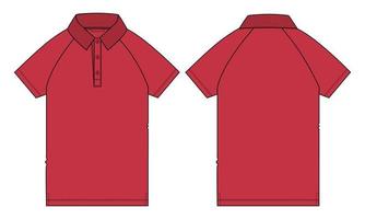 polo raglan à manches courtes mode technique croquis plat illustration vectorielle modèle de couleur rouge vues avant et arrière. vecteur