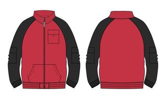 deux tons rouge et noir veste à manches longues mode technique croquis plat modèle d'illustration vectorielle vues avant et arrière. vecteur