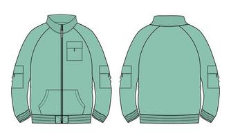 veste à manches longues mode technique croquis plat illustration vectorielle modèle de couleur verte vues avant et arrière. vecteur