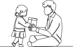 dessin continu d'une ligne d'une petite fille donnant un cadeau à son père. le père est un super-héros. joyeuse fête des Pères. illustration graphique vectorielle de dessin à une seule ligne. vecteur