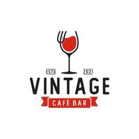 verre à vin fourchette restaurant vintage rétro bar bistrot avec création de logo ruban vecteur