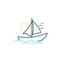 modèle de conception de logo d'art de ligne de bateau de boutre de voilier simple avec l'icône du soleil, de la vague et de l'oiseau vecteur