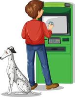 homme retirer de l'argent d'un distributeur automatique avec un chien vecteur