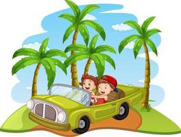 concept de voyage sur la route avec des enfants conduisant une voiture décapotable classique vecteur