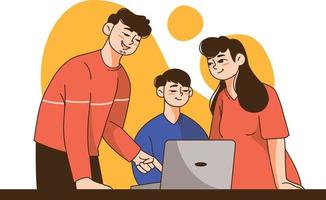 les parents asiatiques accompagnent les enfants en codant avec un ordinateur portable vecteur