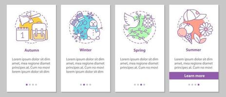 écran de page d'application mobile d'intégration quatre saisons avec des concepts linéaires. instructions graphiques des étapes d'hiver, d'automne, de printemps et d'été. ux, ui, modèle vectoriel gui avec illustrations