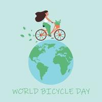 concept de la journée mondiale du vélo. la fille fait du vélo sur le globe. vecteur