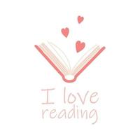 J'aime lire. signes cardiaques et éléments de style livre ouvert doodle. illustration de vecteur plat isolé sur fond blanc. fan de littérature, concept de lecture de livre pour carte postale.