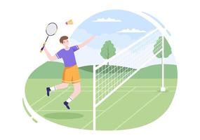 joueur de badminton avec navette sur le terrain en illustration de dessin animé de style plat. heureux de jouer au jeu de sport et à la conception de loisirs