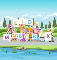 les enfants tiennent la planche ied mubarak près de la rivière vecteur