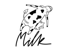 illustration vectorielle mignonne dessinée à la main de lait de vache. isolé sur fond blanc. conception pour emballage de lait, marché alimentaire, marché fermier vecteur