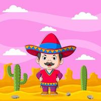 le garçon mexicain dans le désert sous le beau ciel rose vecteur