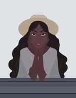 jeune femme à la mode au chapeau. belle femme afro-américaine est assise à table. élégant portrait de femme. illustration vectorielle vecteur