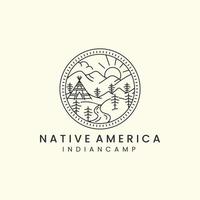 camp indien et montagne avec conception de modèle d'icône de logo de style d'insigne et d'art en ligne. tipis, natif, amérique, soleil, arbre, illustration vectorielle vecteur