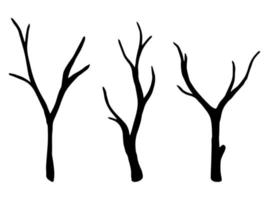 ensemble vectoriel de branches d'arbres secs. objets botaniques isolés sur fond blanc. silhouette de branche noire, illustration de doodle simple