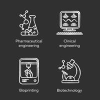 ensemble d'icônes de craie de bio-ingénierie. recherche sur les technologies médicales et traitement des maladies. génie pharmaceutique et clinique, bio-impression, biotechnologie. illustrations de tableau de vecteur isolé