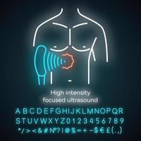 icône de néon à ultrasons focalisés à haute intensité. hifu. technique thérapeutique non invasive. traitement par ultrasons. signe lumineux avec alphabet, chiffres et symboles. illustration vectorielle isolée vecteur