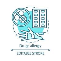 icône de concept d'allergie aux médicaments. réaction allergique aux médicaments idée illustration de la ligne mince. urticaire, démangeaisons de la peau, éruption cutanée sur la main. les pilules ont des effets secondaires. dessin de contour isolé de vecteur. trait modifiable vecteur