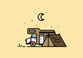 camping avec illustration d'art en ligne de camping-car vecteur