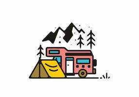 camping avec illustration d'art en ligne de camping-car vecteur