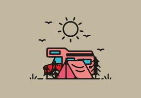 camping avec illustration d'art en ligne de camping-car vecteur