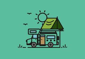 camping avec illustration d'art en ligne de camping-car vecteur