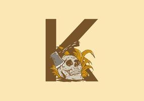 tête de squelette et dessin d'illustration de hache avec lettre initiale k