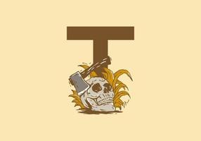 tête de squelette et dessin d'illustration de hache avec lettre initiale t