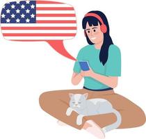 jeune femme écoutant le cours d'anglais américain caractère vectoriel de couleur semi-plat