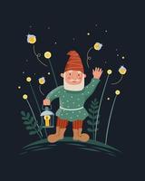 petit gnome ou nain avec une lampe de poche, une lanterne et des lucioles. jolies illustrations pour enfants vecteur