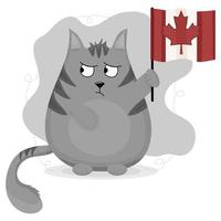 chat grincheux gris avec un drapeau du canada à la main, fête du canada, vecteur