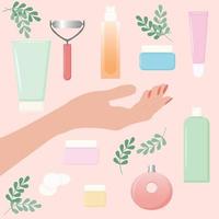 femme présentant la main avec des tubes et des pots cosmétiques vecteur