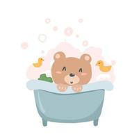 un ours mignon se baigne dans le bain. illustration pour livre pour enfants, magazine, carte postale, affiche. illustration de personnage pour enfants. vecteur