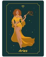 signe du zodiaque Bélier, une belle femme magique vêtue d'une robe jaune avec un bâton sur fond sombre avec des étoiles. affiche astrologique, illustration, tarot vecteur