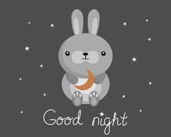illustration, lapin drôle avec la lune et texte anglais bonne nuit sur un fond sombre avec des étoiles. impression pour enfants, affiche, vecteur