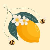 illustration, citron jaune coloré avec des feuilles et des fleurs et des abeilles drôles. impression pour enfants, illustration de dessin animé, clipart