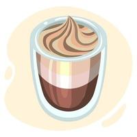 illustration de boisson, tasse en verre réaliste, cocktail de café au lait avec de la crème. impression, clipart, vecteur