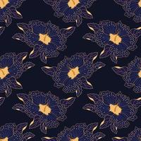 motif sans couture, fleurs et feuilles bleues dessinées avec un contour doré sur fond bleu. impression, textile, papier peint, décor pour linge pastel