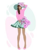 illustration de printemps, jolie fille dessinée dans un chapeau avec des fleurs tenant un bouquet de fleurs roses. clipart, impression, carte postale, affiche vecteur